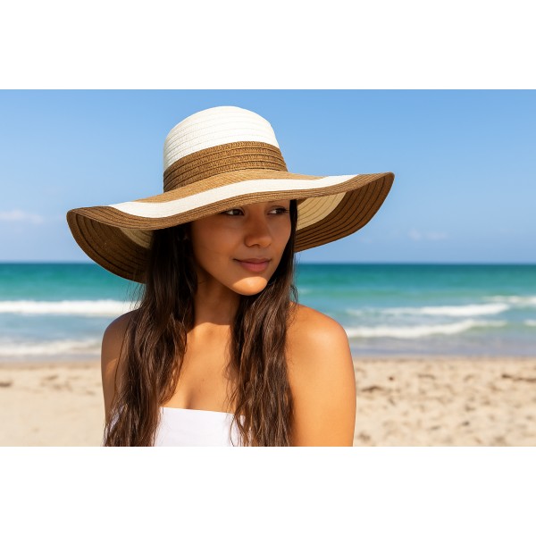 Wide Brim Straw Hat w/ Color Stripes - Brown - HT-SHT2324BN